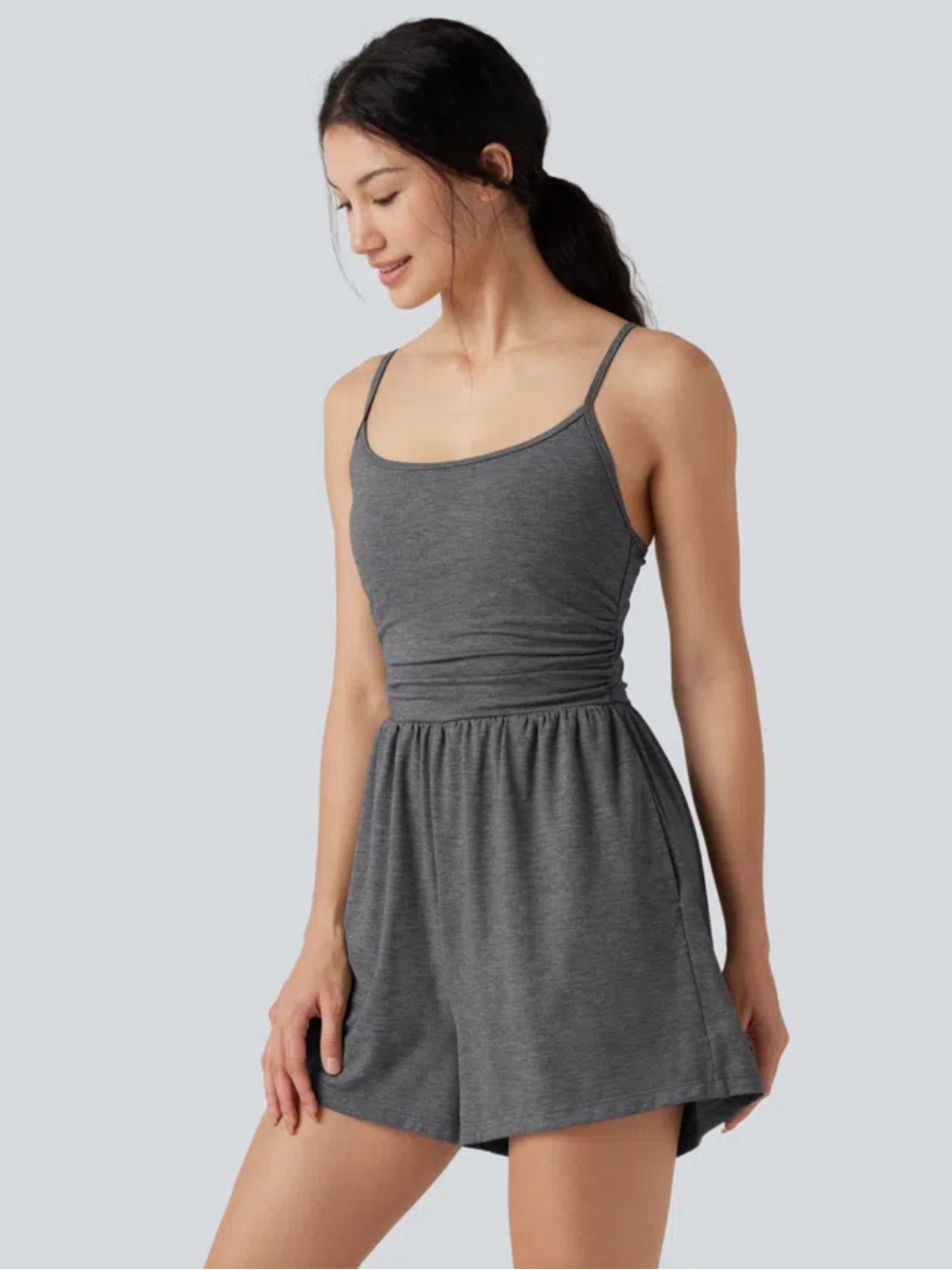 Halara Built-in Bra Ruched 2-in-1 Heathered Casual Romper with Pockets-Easy